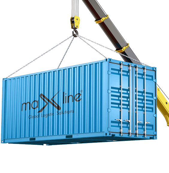 Maxline Global team handling exhibition cargo with booths and crates at an event venue